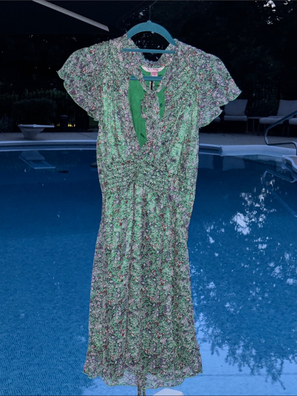 SASS Green Floral Tie-Neck Waist Semi Sheer Lined Mini Midi Dress Cap Sleeve